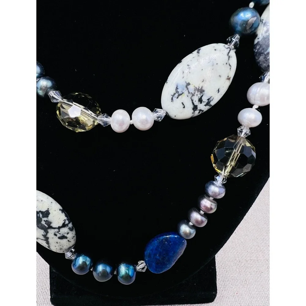 Lapis Lazuli Dalmatian Jasper and Pearl Long Strand Beaded Necklace